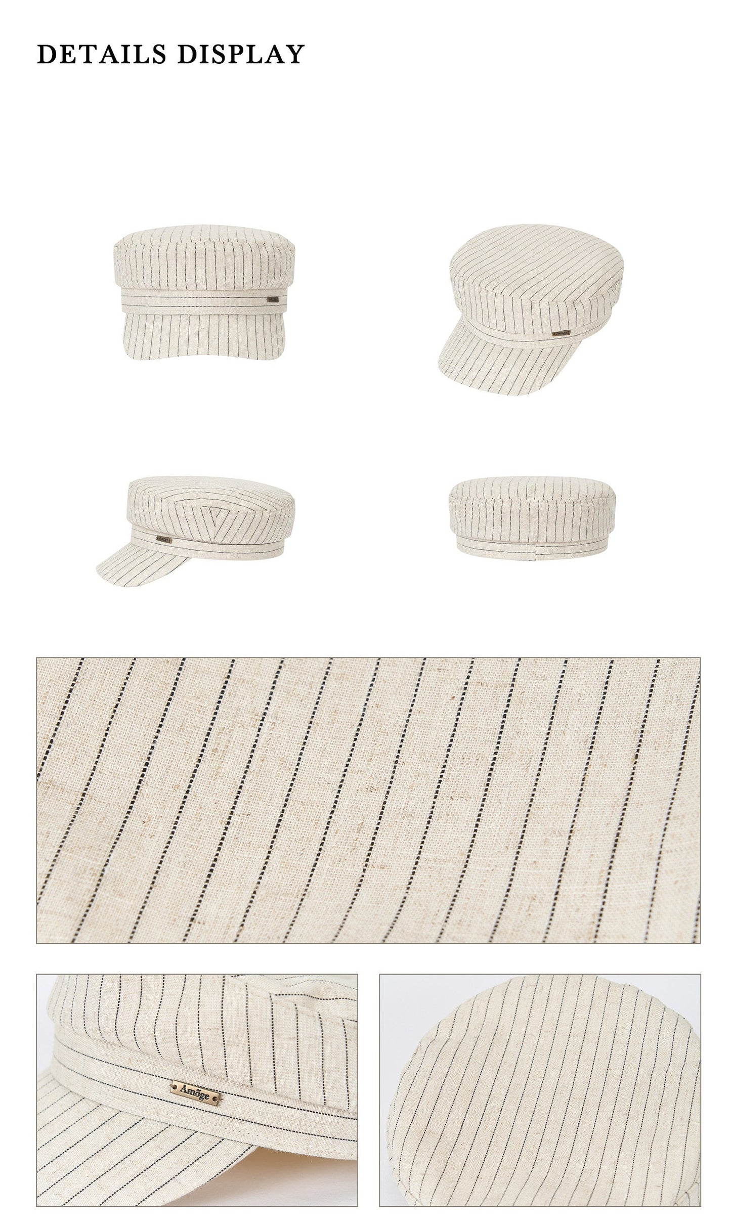 Vintage Linen Striped Flat Newsboy Cap