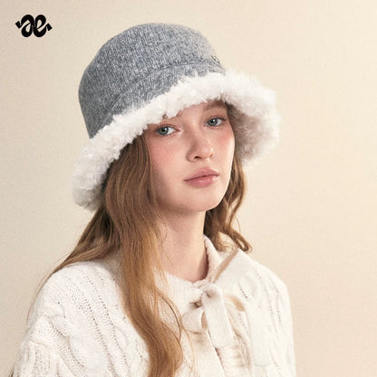Vintage Knit Plush Trim Warm Bucket Hat