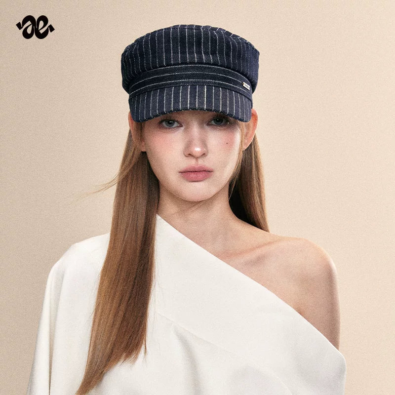Vintage Denim Blue Striped Newsboy Cap