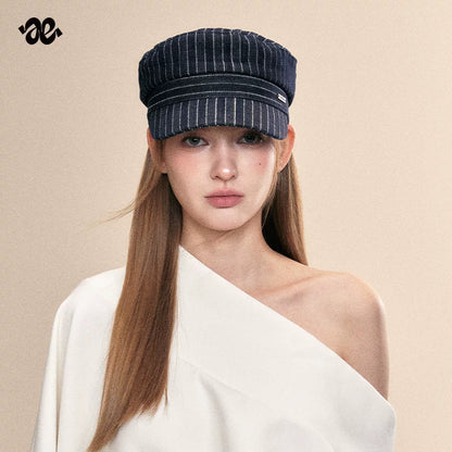 Vintage Denim Blue Striped Newsboy Cap
