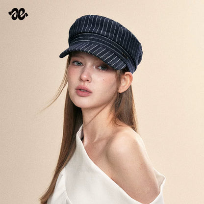 Vintage Denim Blue Striped Newsboy Cap