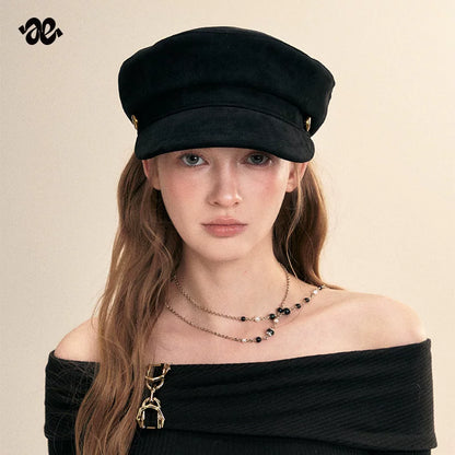 Vintage Suede Gold Button Newsboy Cap