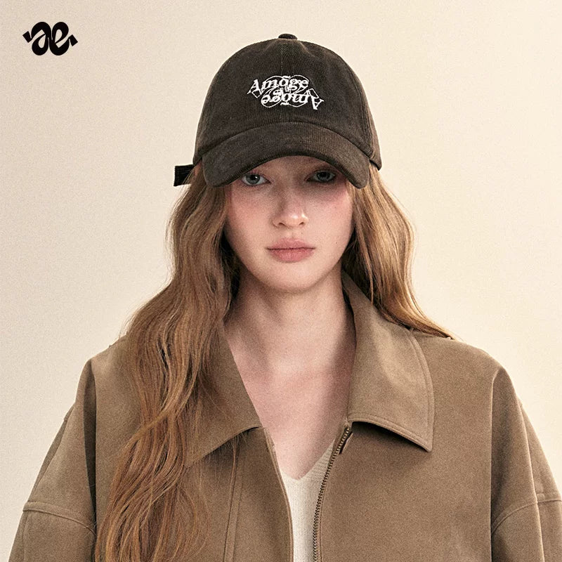 Amoge brand embroidered fashion corduroy baseball cap for women 2026 new retro face-showing small peaked cap