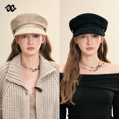 Vintage Suede Gold Button Newsboy Cap
