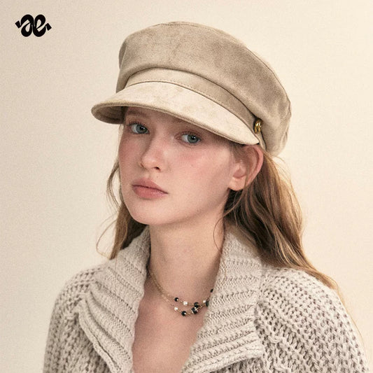 Vintage Suede Gold Button Newsboy Cap
