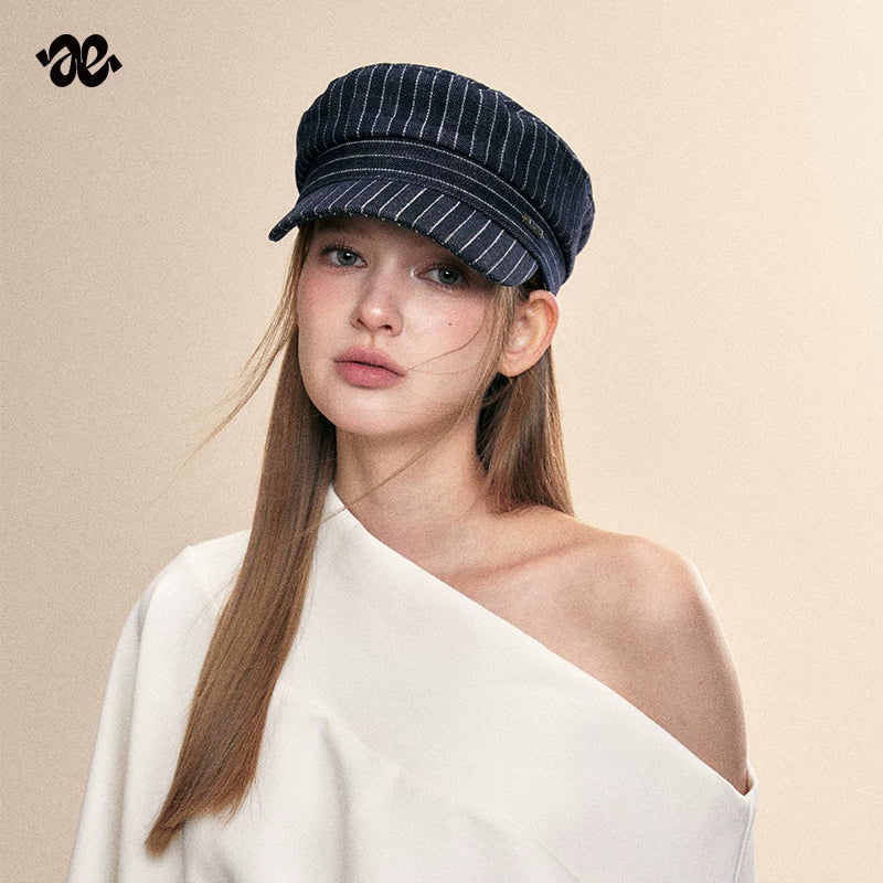 Vintage Denim Blue Striped Newsboy Cap