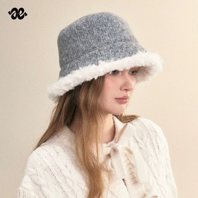 Vintage Knit Plush Trim Warm Bucket Hat