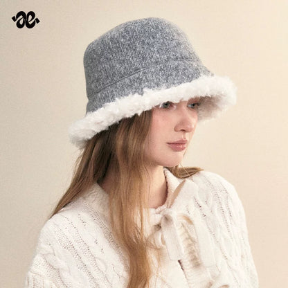 Vintage Knit Plush Trim Warm Bucket Hat