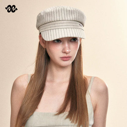 Vintage Linen Striped Flat Newsboy Cap