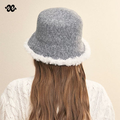 Vintage Knit Plush Trim Warm Bucket Hat