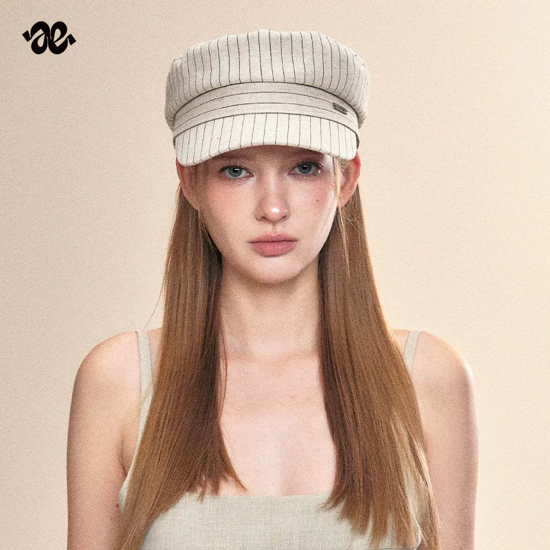 Vintage Linen Striped Flat Newsboy Cap
