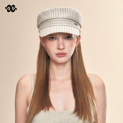 Vintage Linen Striped Flat Newsboy Cap