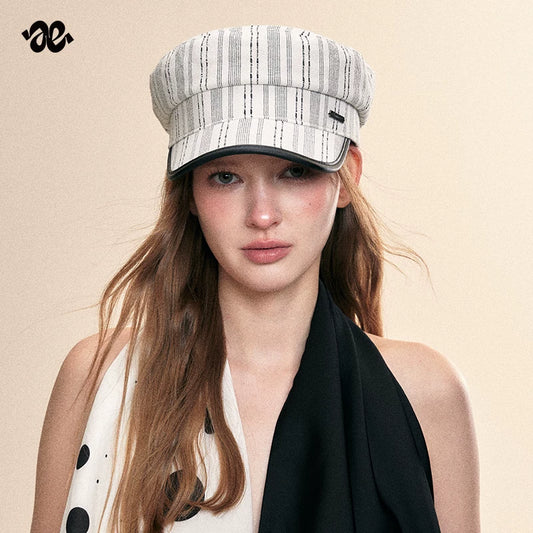 Amoge black and white striped beret women's 2026 new summer sun protection flat top duck bill newsboy hat