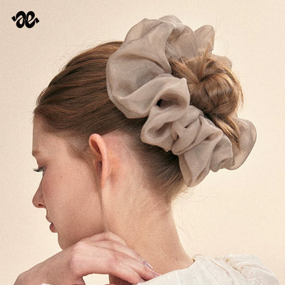 Moss Gray Pleated Mesh Scrunchie