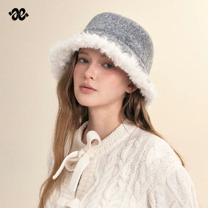 Vintage Knit Plush Trim Warm Bucket Hat