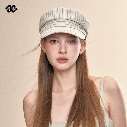 Vintage Linen Striped Flat Newsboy Cap