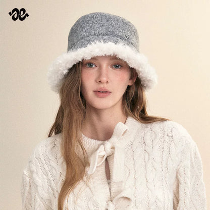 Vintage Knit Plush Trim Warm Bucket Hat