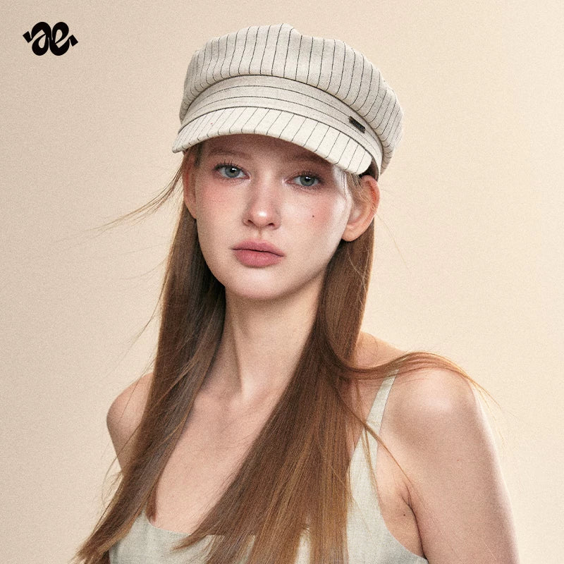 Vintage Linen Striped Flat Newsboy Cap