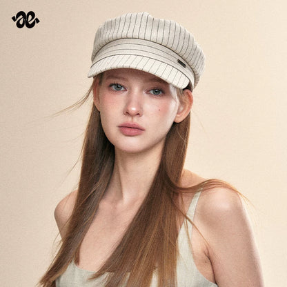 Vintage Linen Striped Flat Newsboy Cap